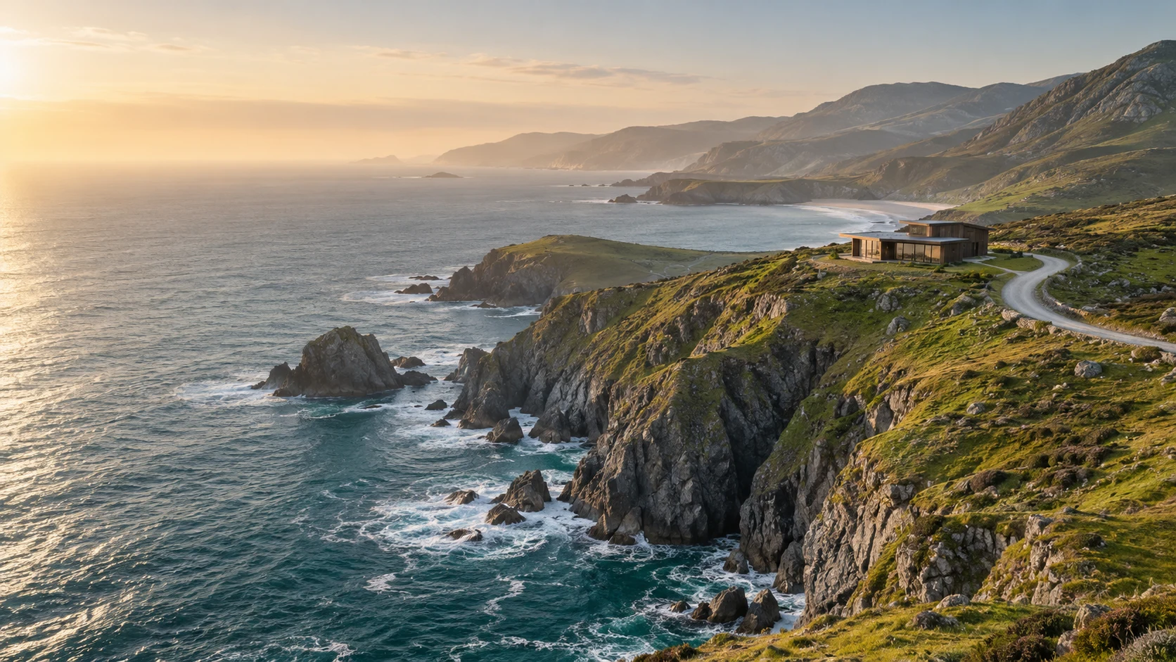 An atmospheric coastal landscape beneath an open sky